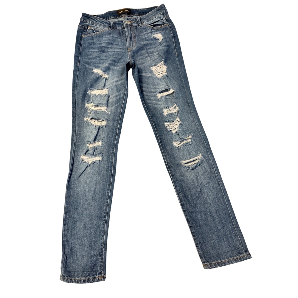 Almost Famous Womens Distressed Skinny Jeans Medium Wash Ripped Denim Size 5